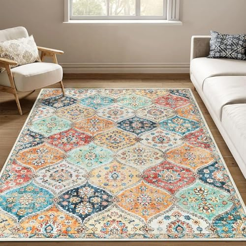 LuxFocus Washable Boho Rug Living Room 120x170 cm Non Slip Low Pile Orange | Moroccan Rug for Bedroom Dining Room Office, Vintage Floral Carpet, Traditional Oriental Design, Ultra-Thin, Print Pattern