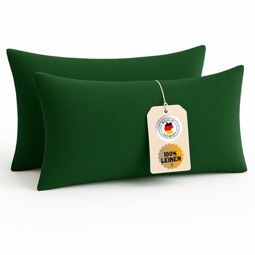 Chambry Leinen Kissenbezüge 2er-Set - 100% gewaschenes Leinen, handgefertigt in Deutschland - atmungsaktiv klimaneutral bügelfrei und pflegeleicht - Kissenbezug 40 x 80 cm Grün
