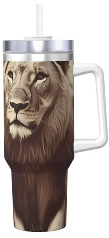 ZSUUGJ Tiger and Lione 40oz Insulated Tumbler with Handle and Straw Lid Insulated Travel Mug, Coffee Cup, Reusable Water Bottle, Ideal for Car, Work, Gift