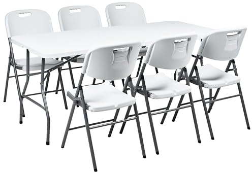 Beliani Garden Dining Set 6 Seater Synthetic Material and Steel Powder Coated Finish White Includes Table, 6 Chair Rust Resistant, Cugnoli