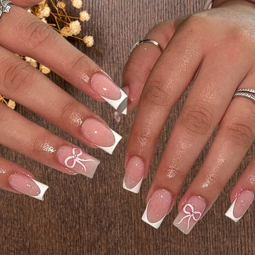 French Tip False Nails with Bow - Shiny Press On Nails Square - Pink Medium Length False Nails with Glue - Removable Acrylic Nails with Diamond Stick on Nails for Women Girls
