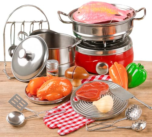 Toyana 25 PCs Toy Kitchen Accessories for Kids, Realistic Stainless Steel Pretend Play Cooking Utensils Playset with Stove & Gloves, Role Play Food Kitchen Toy, Gift Set for Children Ages 3+ Years