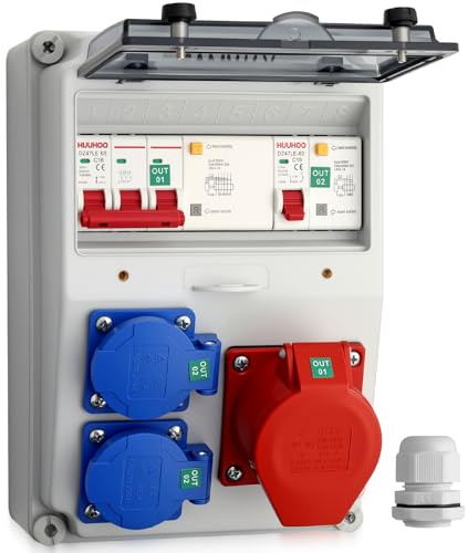 CAMWAY Baustromverteiler, Stromverteiler mit LS+FI, 2x 230V Schuko, 1x 16A CEE Steckdosen Professionelle Verdrahtung, IP66 Wasserdicht,Robuste ABS Wandverteiler für Innen & Außen Industrie Garten Haus