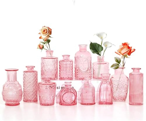 12 Stück, Kleine Glasvasen Small Vase, Vintage-Stil mit Strukturmuster, für Blumen und Heimdekoration (Rosa, 12 Stück)