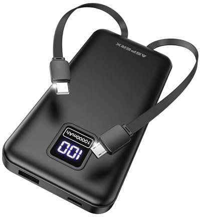 AsperX Compact 10000mAh Power Bank with Built-in Cables Portable Charger | USB C Powerbank Fast Charging Support, Smart LED Display Battery Pack Compatible with iPhone 17 16 15 14, Samsung, iPad-Black
