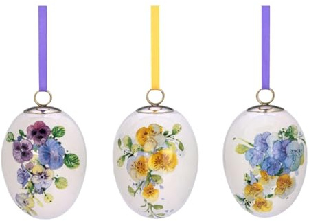 H.Bauer jun. Deko Ostereier 3-teilig aus Keramik 7,5 x 5,5 cm - dekorative Eier mit Blumen-Dekor & farbigen Bändern - Osteranhänger für Zweige, Fenster, Tischdeko und Frühlingsarrangements