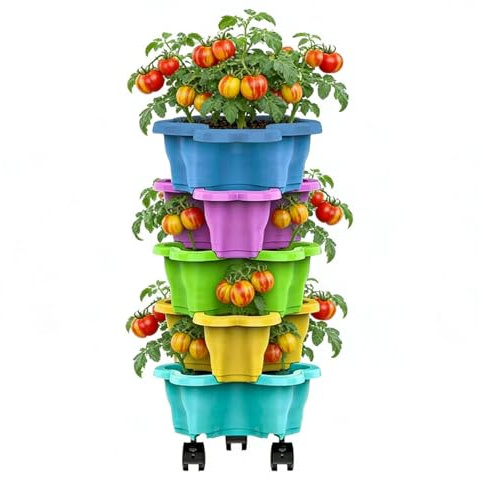 Zhliuqo Fioriera Fragole - Torre Impilabile Livelli Per Piantare Fragole Con Ruote, Vaso Verticale Per Fragoles, Fioriera Impilabile Verticale Per Esterni Casa Balcone Giardino Patio Serra