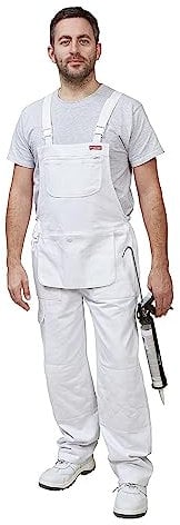 Tuta da lavoro ProDec con pettorina e bretella per uomo e donna, 100% cotone assorbente, tuta da lavoro bianca, salopette da decoratore per uomo e donna, marsupio da imbianchino