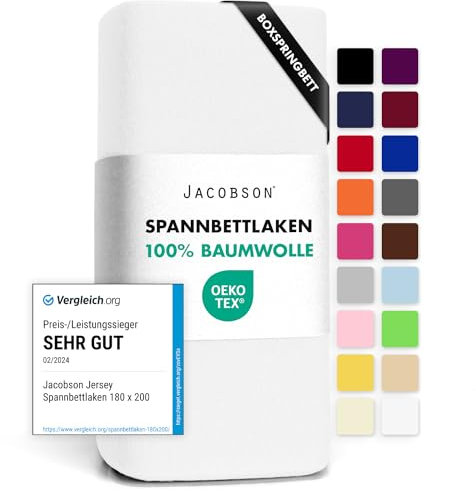 Jacobson Jersey Spannbettlaken Spannbetttuch Baumwolle Bettlaken (180x200-200x220 cm, Weiss)