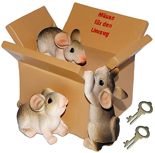 alles-meine.de GmbH Spardose - Mäuse für den Umzug - mit Schlüssel - stabile Sparbüchse aus Kunstharz - Geld Sparschwein - Geldgeschenk - lustig/witzig - Umzugskartons - Ha..