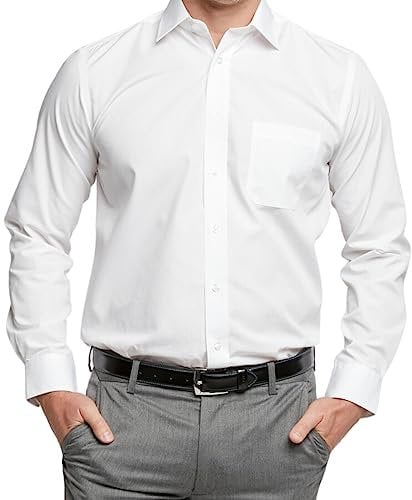 Double TWO Men's Long Sleeve Plain Formal Shirt Non Iron Classic Fit Business Dress Shirt - White, 16in Collar