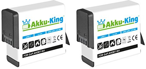 Akku-King 2 x Akku kompatibel mit AHDBT-501 AHDBT-801 - Li-Ion 1250mAh - für GoPro Hero 8, Hero 7 Black, GoPro Hero 6 Black, GoPro Hero 5 Black