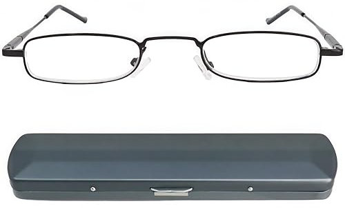 Schmale Metall Mini Lesebrille, Edelstahl Rahmen (Graphit), mit Gratis Slim-Fit Alu Etui, Lesehilfe Flach Damen und Herren +2.5 Dioptrien