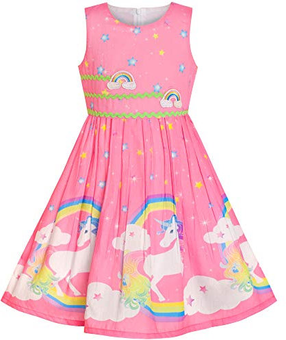 Sunny Fashion Robe Fille Rose Licorne Arc-en-Ciel Été Robe d'été 9-10 Ans,Licorne Rose