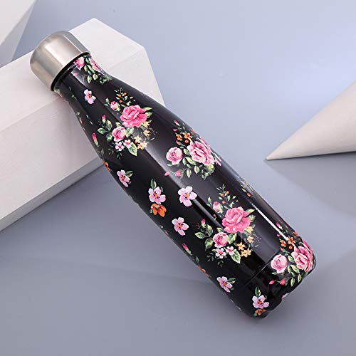 JIUJ Sports Water Bottle Stainless Steel Coke Bottle Insulation Cup Print Fashion Gift Daily Use 500ml Black flowers