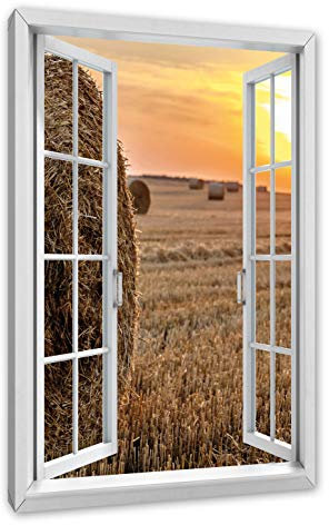 Pixxprint Strohballen auf Feld, Fenster, Größe: 120x80cm, Leinwandbild, fertig gespannt, Wandbild, Dekoration, Kunstdruck, kein Poster