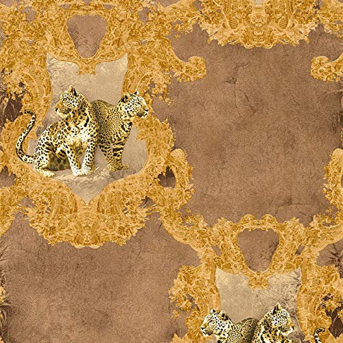 Ausgefallene Barock Tapete braun gold | Leoparden Vliestapete im Rokoko Stil besonders | Vlies Barocktapete mit Ornament und Tier für Wohnzimmer