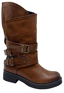 Stivali Stivaletti Donna Tacco Basso Nero Scarpe Moda Biker Motociclista Anfibi Cerniera Ecopelle Fibbie Bassi GR1165 (Camel, Numeric_38)