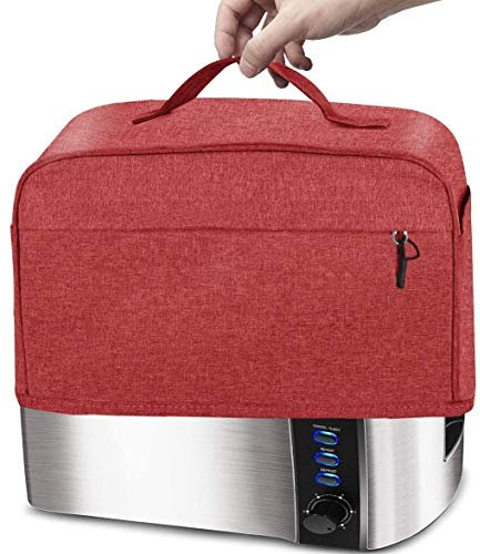 ELR Toaster Dust Cover 2/4 Slices Toaster Appliance Protection Cover Zipper & Open Pockets Bread Machine Cover with Top Handle (4 Slice Long Slot: 16x7.5x8in, Red)