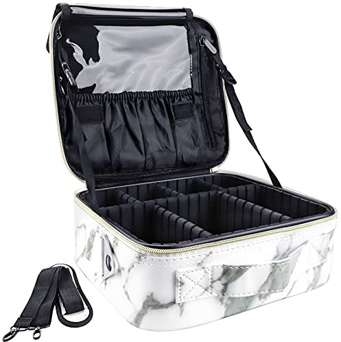 Kosmetiktasche, Schminkkoffer PU Leder Große Kapazität Professionelles Make Up Organizer Tasche Wasserdichte Portable Künstler Kosmetische Box mit Verstellbaren Trennwänden und Riemen, 10,2''