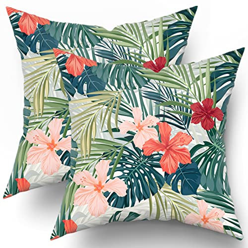 Kissenbezüge mit tropischen Blättern, 45.7x45.7 cm, 2er-Set, Monstera-Palmenblatt-Blumenkissen, grüne Pflanze, hawaiianisches rosa rotes Blumenmuster, Überwurfkissen, Dekoration, Sofa, Wohnzimmer