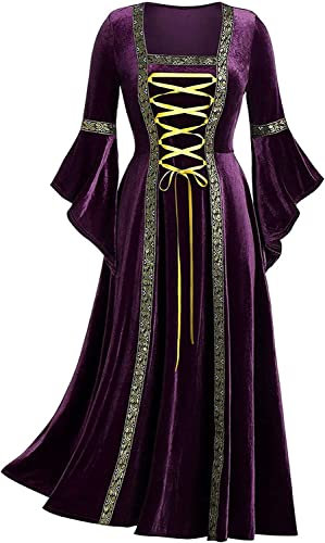 Femme Robe Victorienne Robe Médiévale Gothique Costume Moyen Age Renaissance Dress Vintage à Manches Flares Robe de Soirée Elégante Adulte pour Halloween Carnaval Cosplay Noël Fête(Violet, XL)