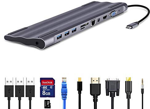 USB C Hub, 11 in 1 Multiport Type C Adapter, 4K HDMI, VGA, RJ45 Gigabit Ethernet, Mini DP DisplayPort, Type C PD, 3 USB 3.0, 3.5mm Audio, SD/TF Card Reader for MacBook Pro/Air, iPad PRO, etc