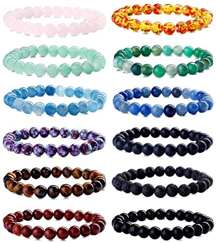 LOLIAS 12 Stück 8mm Natürliche Perlenarmbänder für Damen Herren Natürliche Kristallsteinarmbänder Stretch Statement Schutzarmband Charme Perlen Paare Armbänder Schmuck Geschenke