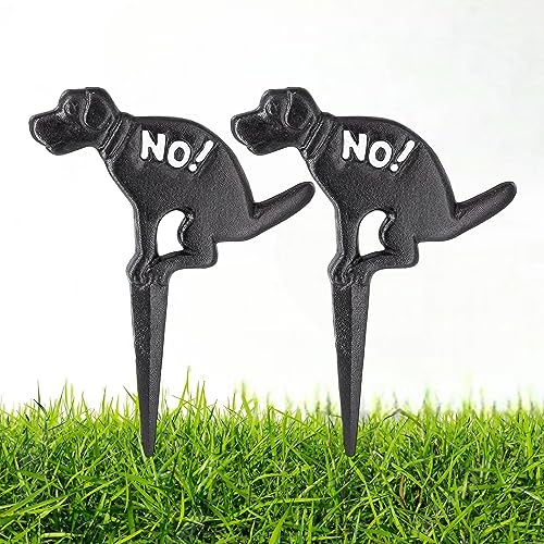 Prefdo 2 Pack Cast Iron No Poop Signs - Keep Dogs Off Grass, No Peeing or Pooping Signs for Outdoor Yard Lawn Garden (Black)