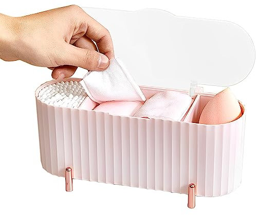 skytowards Wattepadspender Wattestäbchen Aufbewahrung 3 Fächer Wattepadbehälter Wattestäbchen Spender Wattepad Behälter Rosa Wattestäbchenspender mit Deckel Q Tip Spender für Badezimmer Schminktisch