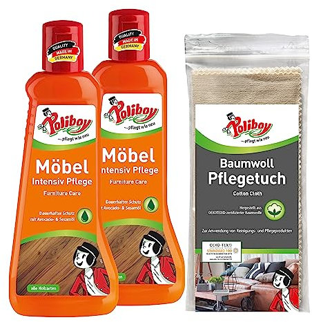 POLIBOY Möbel Intensiv Pflege - Pflegemittel für lackiertes Holz - schützende und auffrischende Holzpflege - farbneutral - 2x 500ml mit Baumwolltuch - Made in Germany