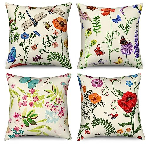 Hnmdmyi Kissenbezug Blumen 40x40 4er Set, Bauernhaus Garten Terrasse Bunte Blume Libelle Schmetterling Dekorative Kissenbezüge Ästhetische Leinen Kissenhülle für Sofa Couch Bett Outdoor Home Decor