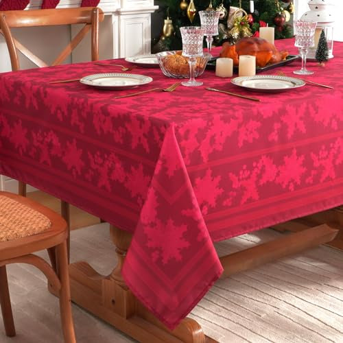Yrendenge Weihnachten Rot Tischdecke Poinsettia Waschbare Tischdecken Quadratisch Stechpalmenblätter Faltenfrei Tischdecke Weihnachtsstern Tischtuch für Urlaub Küche Party, 140x140cm