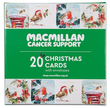 Macmillan Christmas Robins Charity Christmas Cards – Pack of 20 Luxury and Eco-Friendly Christmas Cards. Boxed Multipack of 4 Seasonal Christmas Designs. 127x127mm Card Size.