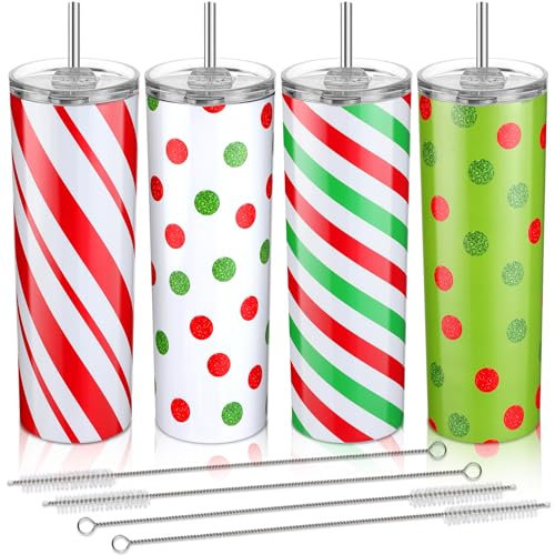 Sliner 4 Stück Weihnachtsbecher aus Edelstahl, 590 ml, doppelt isoliert, Reisebecher mit Deckel, Strohhalm und Bürsten für Frauen und Erwachsene, Trinken, Weihnachten, Party, Dekorationen,