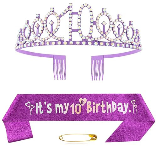 10. Geburtstag Schärpe Und Tiara Krone Lila Kristall Geburtstagkrone Set Lila Geburtstagskrone Schärpe Deko Birthday Crown für Mädchen Frauen Birthday Party Accessoires Geburtstagsdeko 10