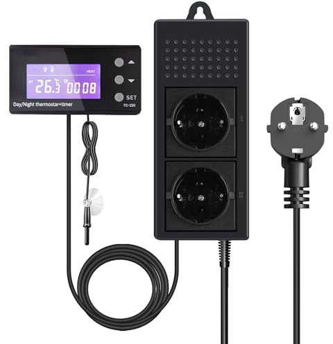 Luxvista Enchufe Termostato 220V Reptiles Termostato Terrario con Temporizador Controlador de Temperatura Digital Enchufe, con Sonda para Acuario, Invernadero, Reptil, etc