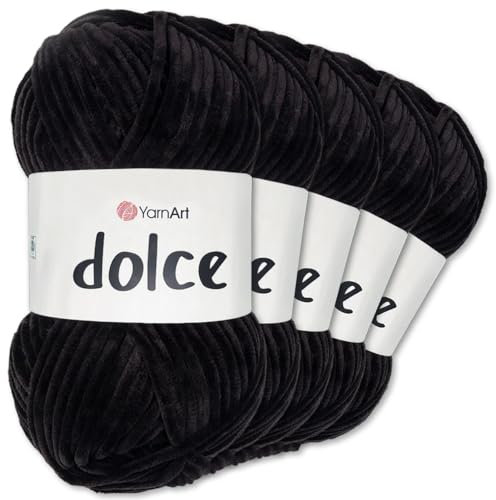 Frida's Wollhaus YarnArt 5 x 100 g Dolce Chenille Wolle Garn Stricken Häkeln Amigurumi 52 Farben (742 | Schwarz)