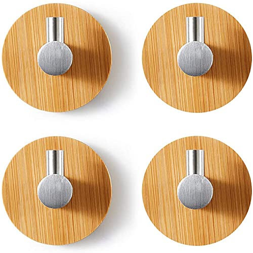 4 Stück Holz Bambus Wandhaken, Selbstklebende Haken, Handtuchhaken Aus Bambus, Kein Bohren Selbstklebend Edelstahlhaken Handtuchhaken für Badezimmer, Küche, Toilette, Büro(Einzelhaken)