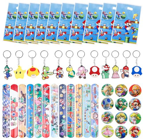 46 Stück Mari Party Mitgebsel, Kindergeburtstag Mitgebsel mit Slap Armband/Schlüsselanhänger/Anstecker/Geschenktüten, Geburtstag Mitgebsel Kinder für Cartoon, Kleine Geschenke für Jungen Mädchen