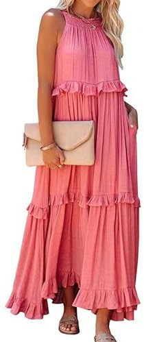 LAZIRO Damen Sommer Elegant Wind Temperament Reine Farbe Halter Abschnitt Rundhalsausschnitt Lose Taille UnregelmäßIge Kleider