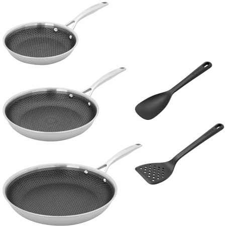 HENCKELS Paradigm 5-teiliges Bratpfannen- und Silikon-Utensilien-Set, antihaftbeschichtet, 3-lagiger Edelstahl