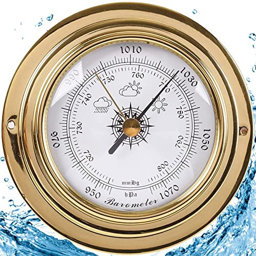 Dial Type Barometer, 3 in 1 Barometer, Brass Case 3.8in 98mm Clock Tide Clock Weather Forecast, No Battery Needed, For Offices Garden Indoor Outdoor
