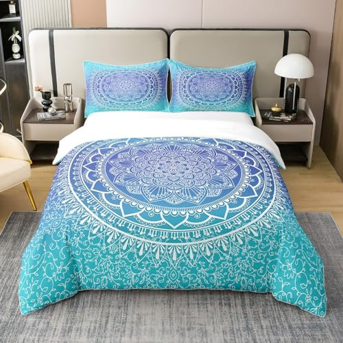 Loussiesd Mandala 2 Teilig Bettwäsche Set 135x200cm 100% Baumwolle Böhmen Blumen Rose Bettbezug Set für Kinder Mädchen Bohemia Atmungsaktiv Betten Set inkl.1 Kissenbezüge 80x80 cm,Blau