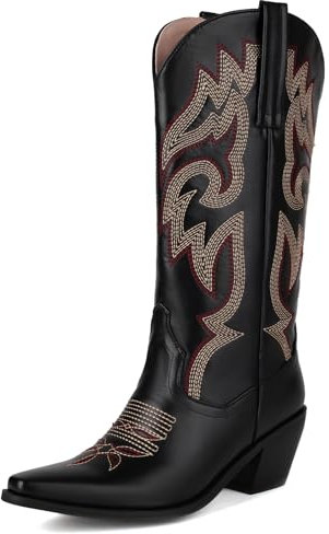 Voviggiw Frauen Mittelgroße Cowboystiefel Bestickte Westernstiefel Cowmädchenstiefel Schwarz Mark Größe 41