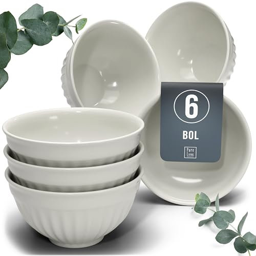 Stoneware 6-Piece Cereal Bowl Set Hygge Series - Cereal Bowl Set, Dishwasher, Microwave, and Scratch Resistant - Cereal Bowls, Small Bowls Set - Stylish Grooved Small Bowls Set in Beige