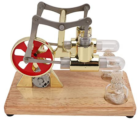 Golden Two Cylinder Balance Stirling Engine Model, Glass Tube, Low Noise, Elegant Present Wrap, with Glass Alcohol Lamp
