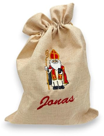 Personalisiertes Nikolaussackerl mit Name - weihnachtliche Bestickung - Motiv Nikolaus - Nikolaussack - Nikolausbeutel - Jutebeutel (Nikolaus mit Buch)