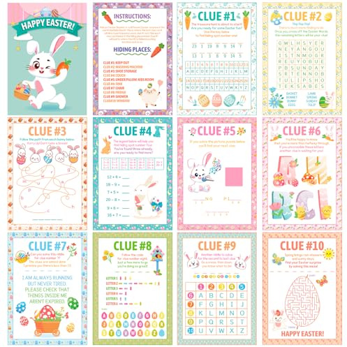 HOWAF 10 PCS Easter Egg Hunt Clues Cards, Outdoor Scavenger Hunt Game, Party Game Activities Easter Games for Friends, Family
