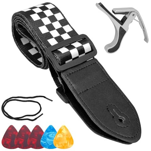 Gitarrengurt,Jacquard-Gitarrengurt Schwarz-weiß kariert,Karierter Gitarrengurts,Verdickt Gitarrengurte mit Leder Enden für Bass,elektrisch,akustisch,kommen mit 1 Gitarren-Tonhöhe-Clip und 5 Plektren